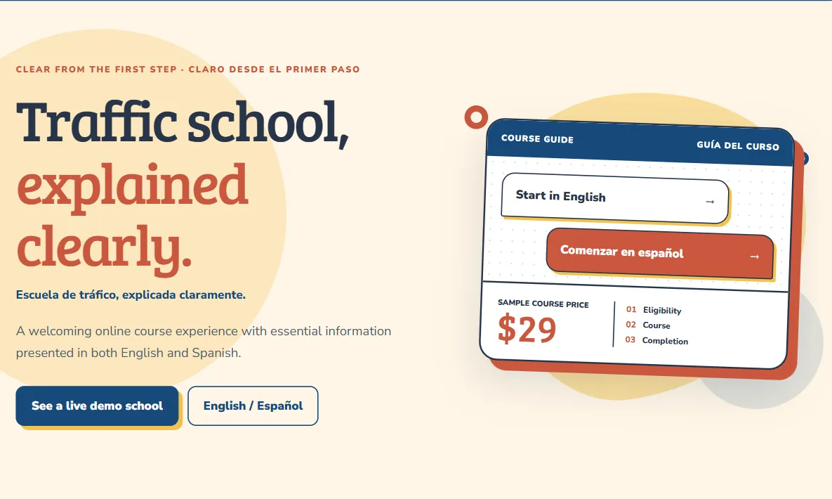 Camino California Traffic School concept with a warm bilingual design