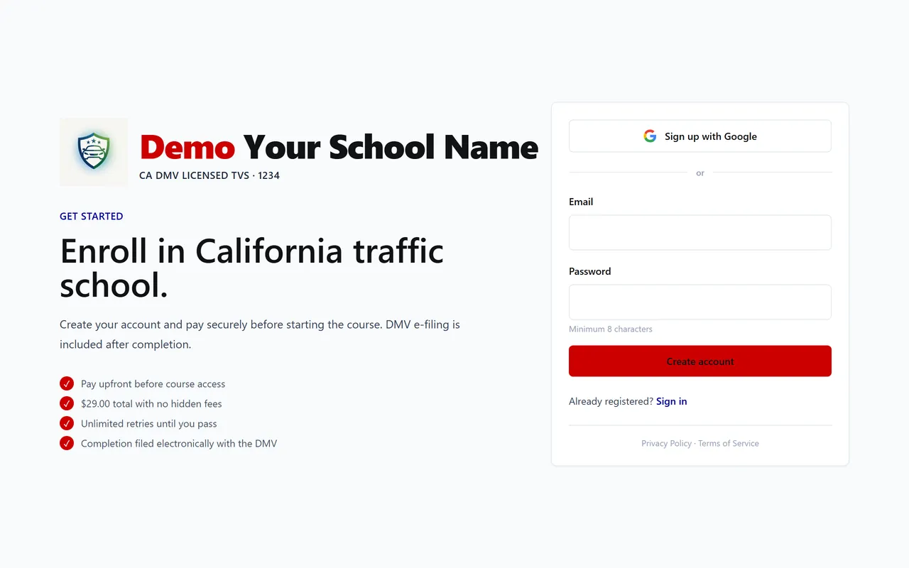 Enrollment page of the demo traffic school running on the platform